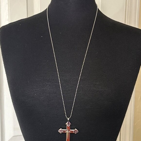 Unbranded Silver & Brown Cross Necklace w/Chain Stainless Steel 17" Height - Picture 1 of 9